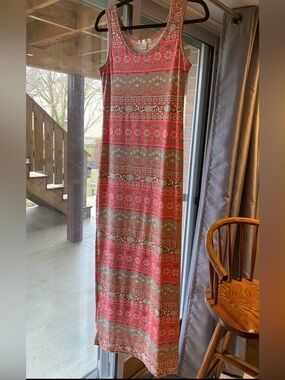 MAGAZINE Coral and Tan Tribal Print Sleeveless Summer Maxi Dress